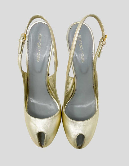 Sergio Rossi Slingback Platform Pumps In Gold Tone Leather Size 39.5 It