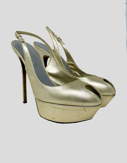 Sergio Rossi Slingback Platform Pumps In Gold Tone Leather Size 39.5 It
