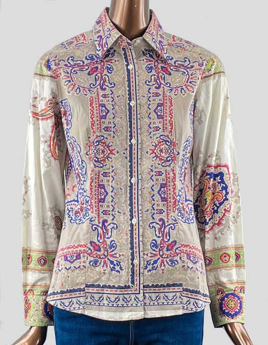 Etro Paisley Long Sleeve Blouse In Tan Blue And Red Size 42 It
