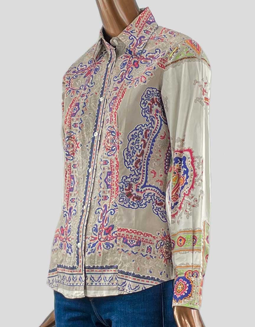 Etro Paisley Long Sleeve Blouse In Tan Blue And Red Size 42 It