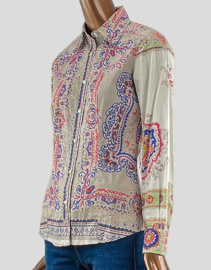 Etro Paisley Long Sleeve Blouse In Tan Blue And Red Size 42 It