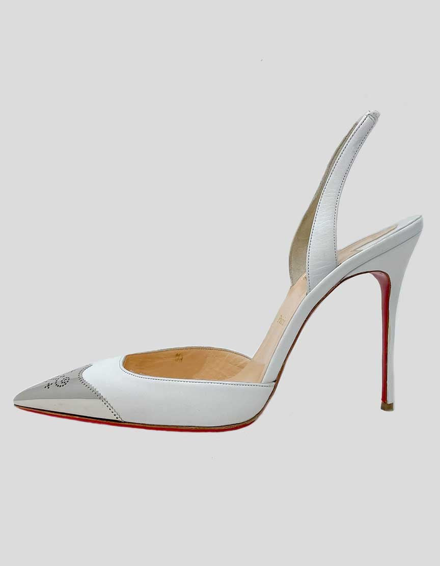 Christian Louboutin Calamijane Cap Toe Slingback Sandals In White With Silver Tip Size 40 It