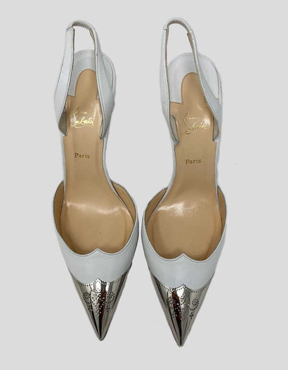 Christian Louboutin Calamijane Cap Toe Slingback Sandals In White With Silver Tip Size 40 It