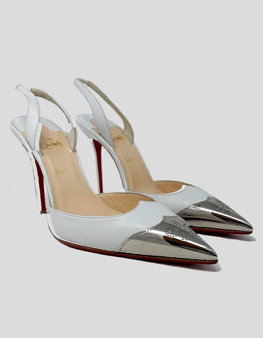 Christian Louboutin Calamijane Cap Toe Slingback Sandals In White With Silver Tip Size 40 It