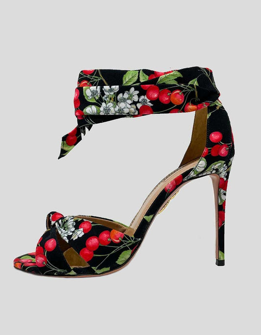 Aquazzura All Tied Up Sandals In Black With Cherry Print Size 39 It