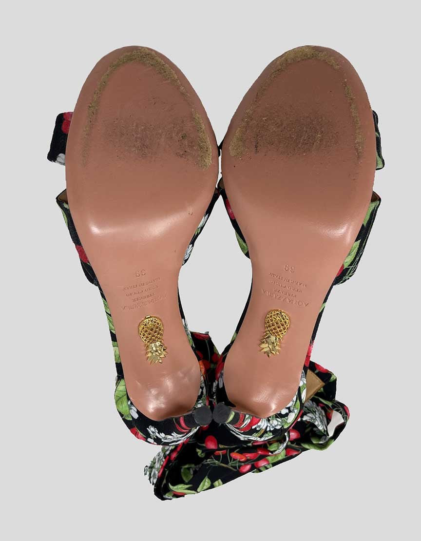 Aquazzura All Tied Up Sandals In Black With Cherry Print Size 39 It