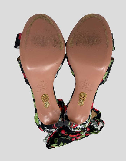 Aquazzura All Tied Up Sandals In Black With Cherry Print Size 39 It