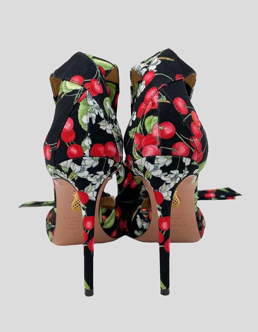 Aquazzura All Tied Up Sandals In Black With Cherry Print Size 39 It