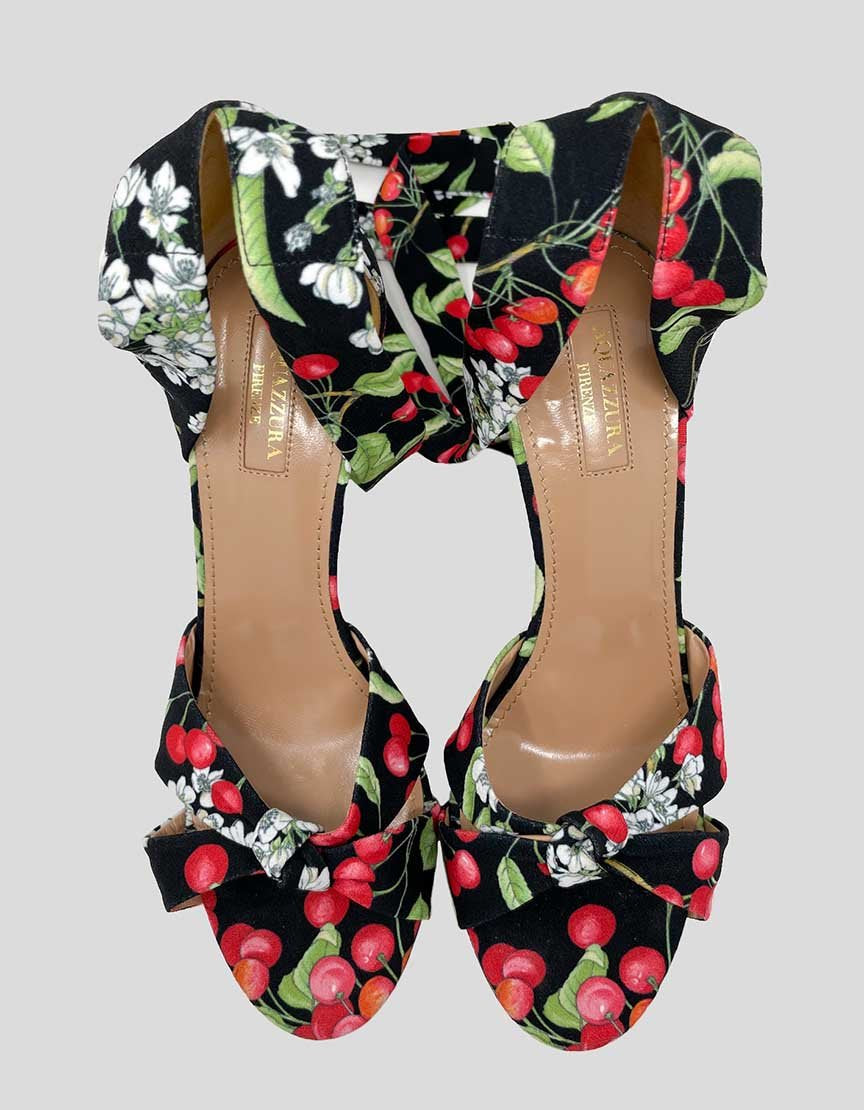 Aquazzura All Tied Up Sandals In Black With Cherry Print Size 39 It