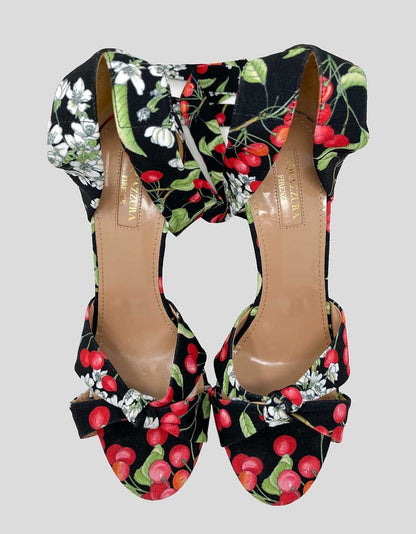 Aquazzura All Tied Up Sandals In Black With Cherry Print Size 39 It