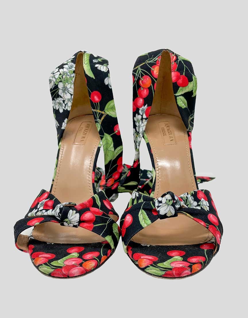 Aquazzura All Tied Up Sandals In Black With Cherry Print Size 39 It