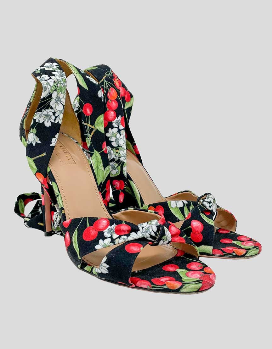Aquazzura All Tied Up Sandals In Black With Cherry Print Size 39 It