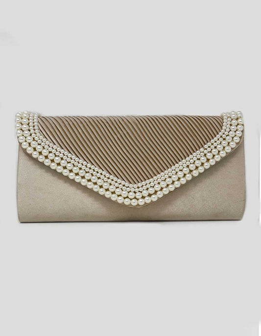 Champagne Evening Clutch With Pearl Embellishments