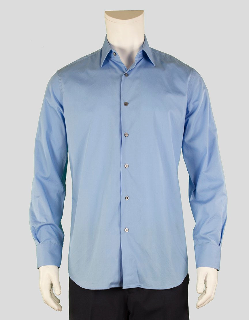 PAUL SMITH eggshell blue button down dress shirt with point collar and bones, and single button barrel cuff with red, brown and cream paisley trim on inside cuff.