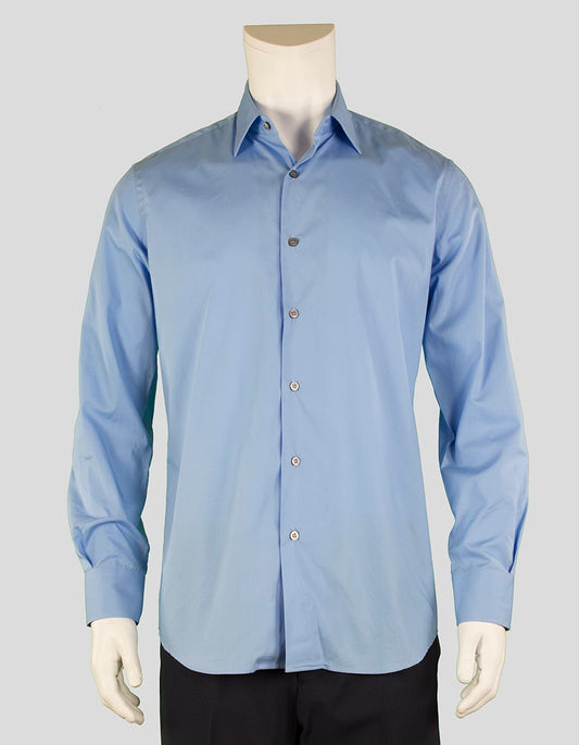 PAUL SMITH eggshell blue button down dress shirt with point collar and bones, and single button barrel cuff with red, brown and cream paisley trim on inside cuff.