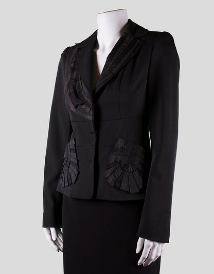 Elie Tahari Black Three Snap Closure Blazer With Ruffle Design At The Lapel Bust And Pocket Snap Closures Size 2