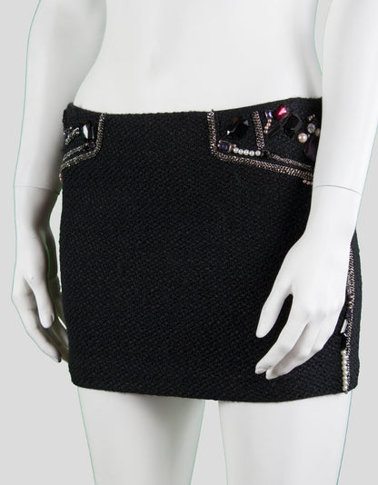 La Rox Black Mini Skirt With Silver Tone Chain Pearl And Jewel Design Throughout X-Small