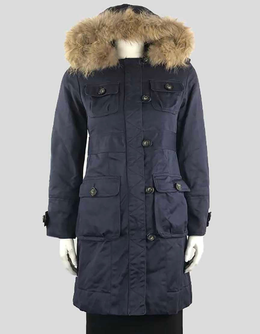 Marc By Marc Jacobs Navy Blue Three Quarter Length Coat With Detachable Fur Trimmed Hood X-Small