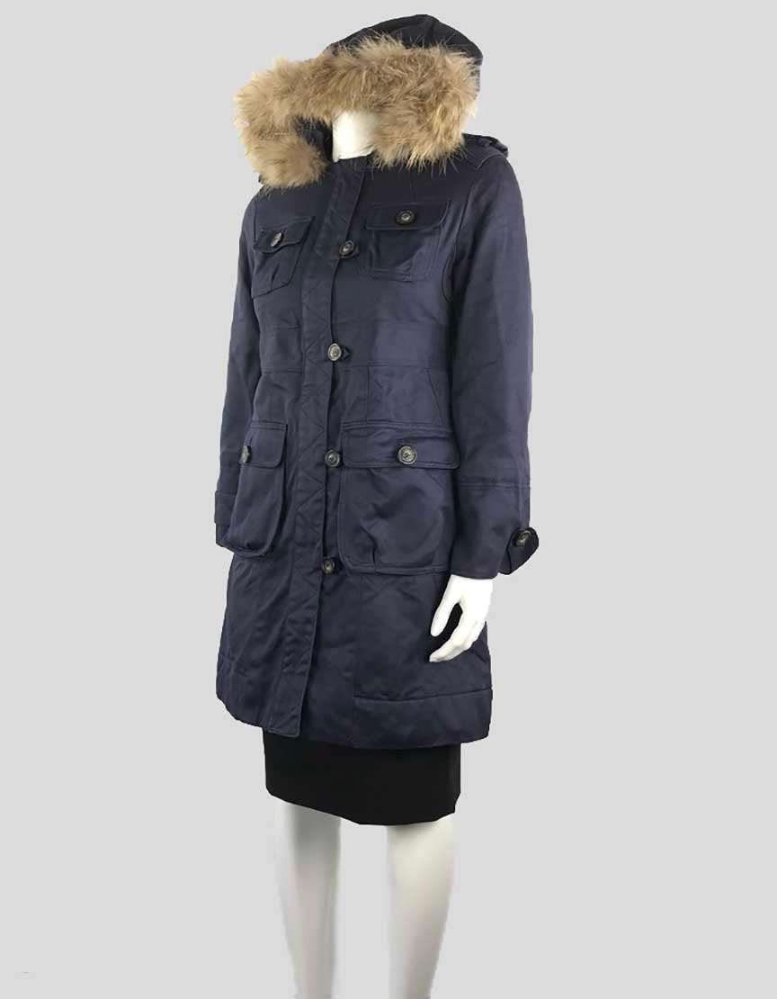 Marc By Marc Jacobs Navy Blue Three Quarter Length Coat With Detachable Fur Trimmed Hood X-Small