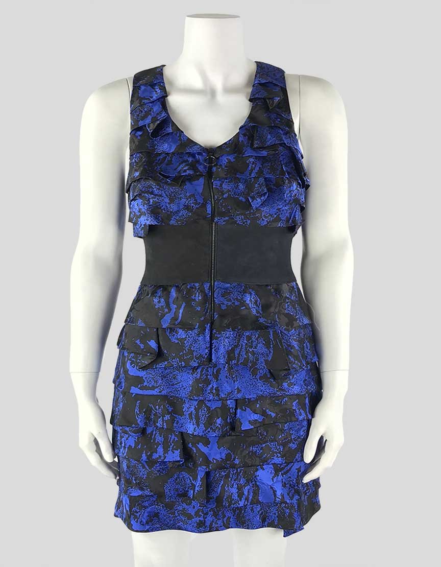 Robert Rodriguez Black And Blue Sleeveless Scoop Neck Tiered Dress With Black Suede Waist Band Size 2 US