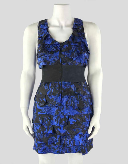 Robert Rodriguez Black And Blue Sleeveless Scoop Neck Tiered Dress With Black Suede Waist Band Size 2 US