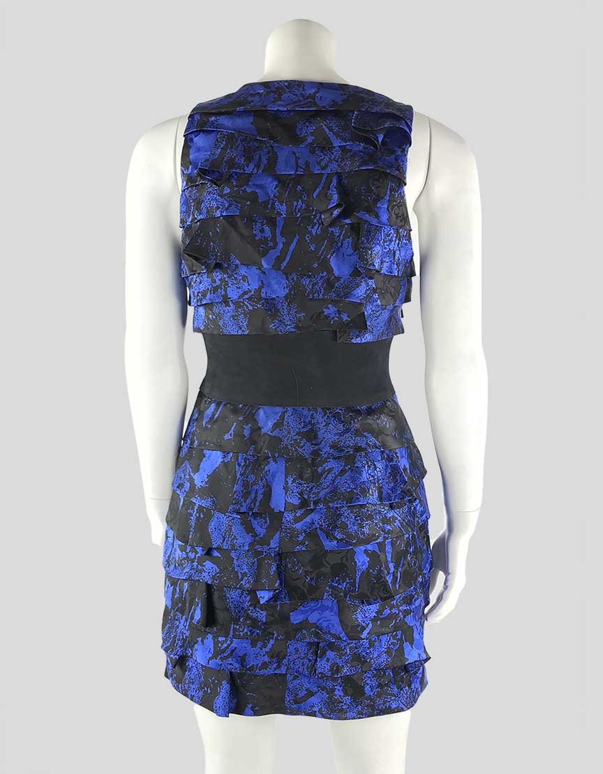 Robert Rodriguez Black And Blue Sleeveless Scoop Neck Tiered Dress With Black Suede Waist Band Size 2 US