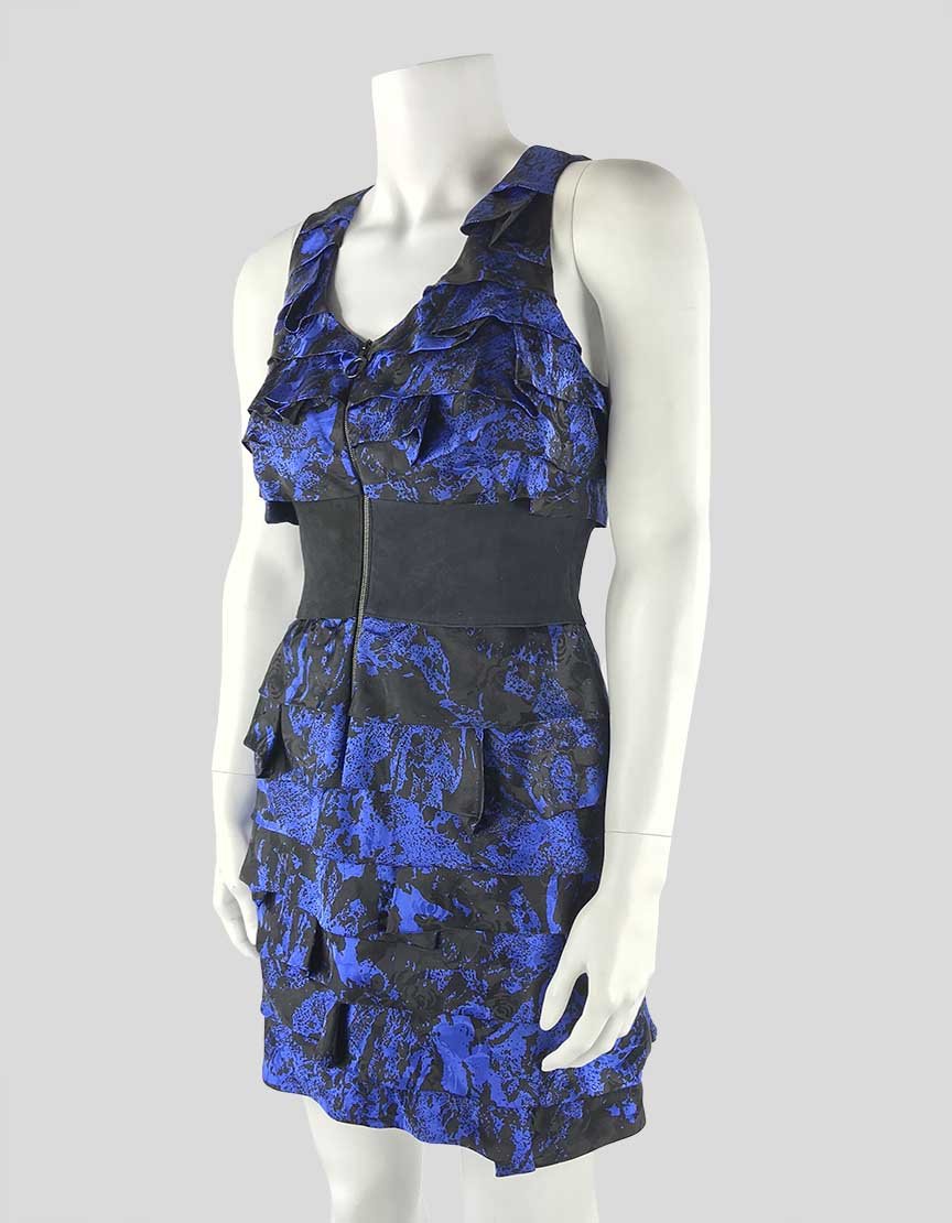 Robert Rodriguez Black And Blue Sleeveless Scoop Neck Tiered Dress With Black Suede Waist Band Size 2 US