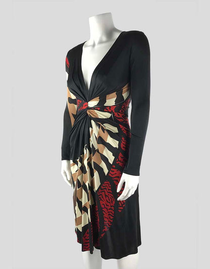 Issa Long Sleeve To The Knee Deep V Silk Dress In Black With Cream Tan And Red Print Design Size 2 US