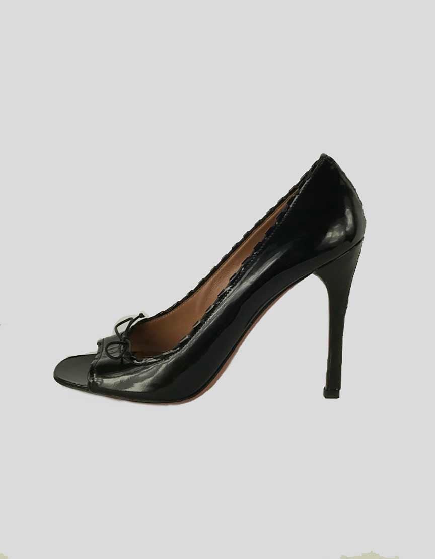 ALAIA Peep Toe Black Patent Leather Heels With Bow At Vamp - 37.5 IT | 7.5 IT