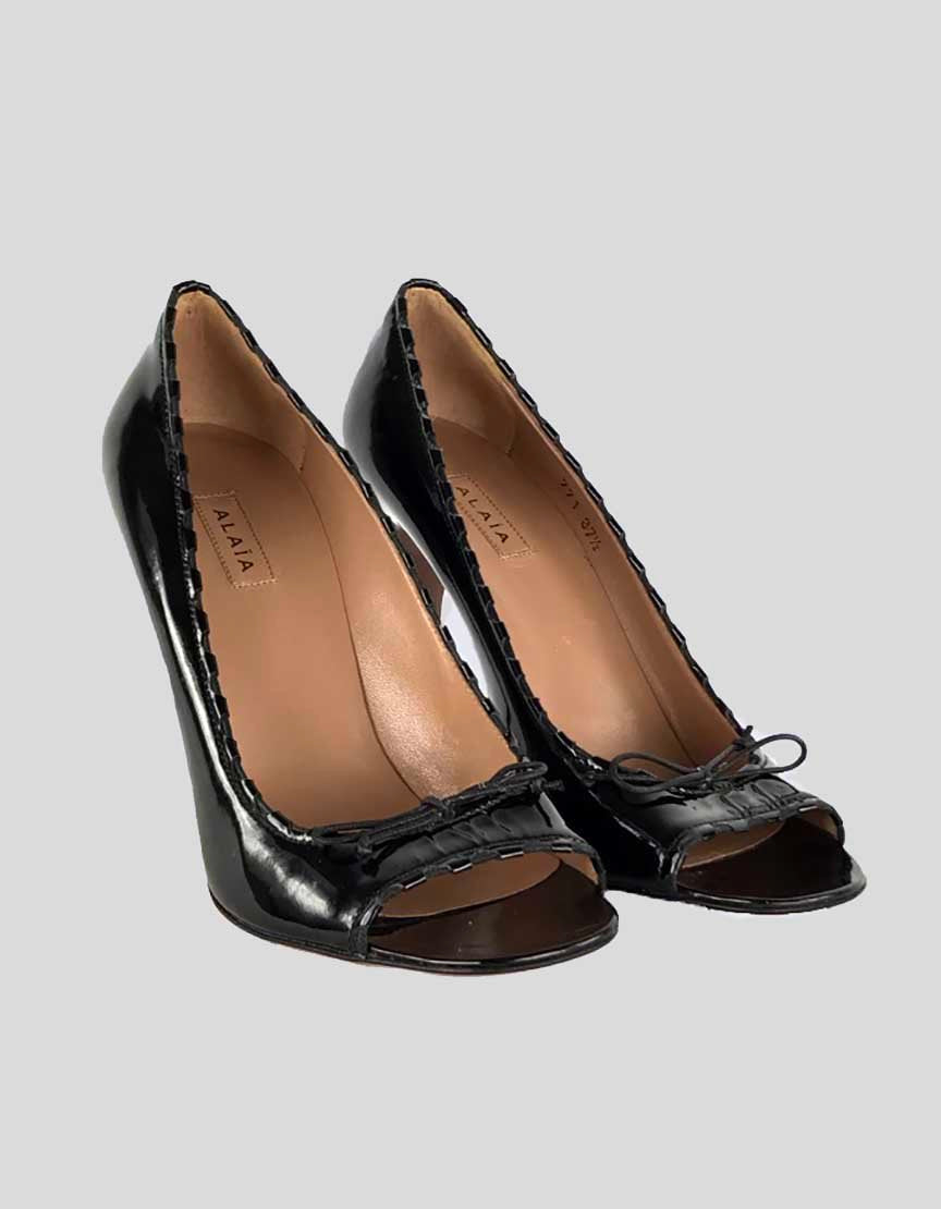 ALAIA Peep Toe Black Patent Leather Heels With Bow At Vamp - 37.5 IT | 7.5 IT