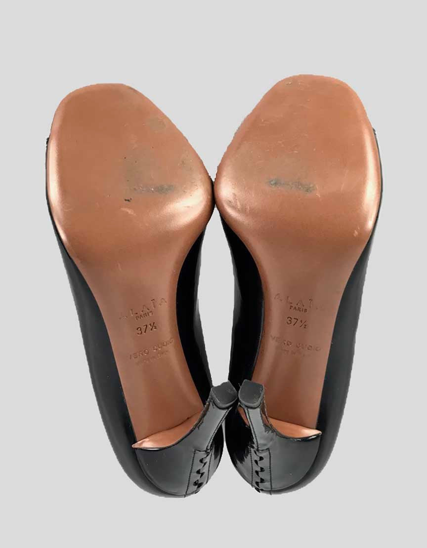 ALAIA Peep Toe Black Patent Leather Heels With Bow At Vamp - 37.5 IT | 7.5 IT