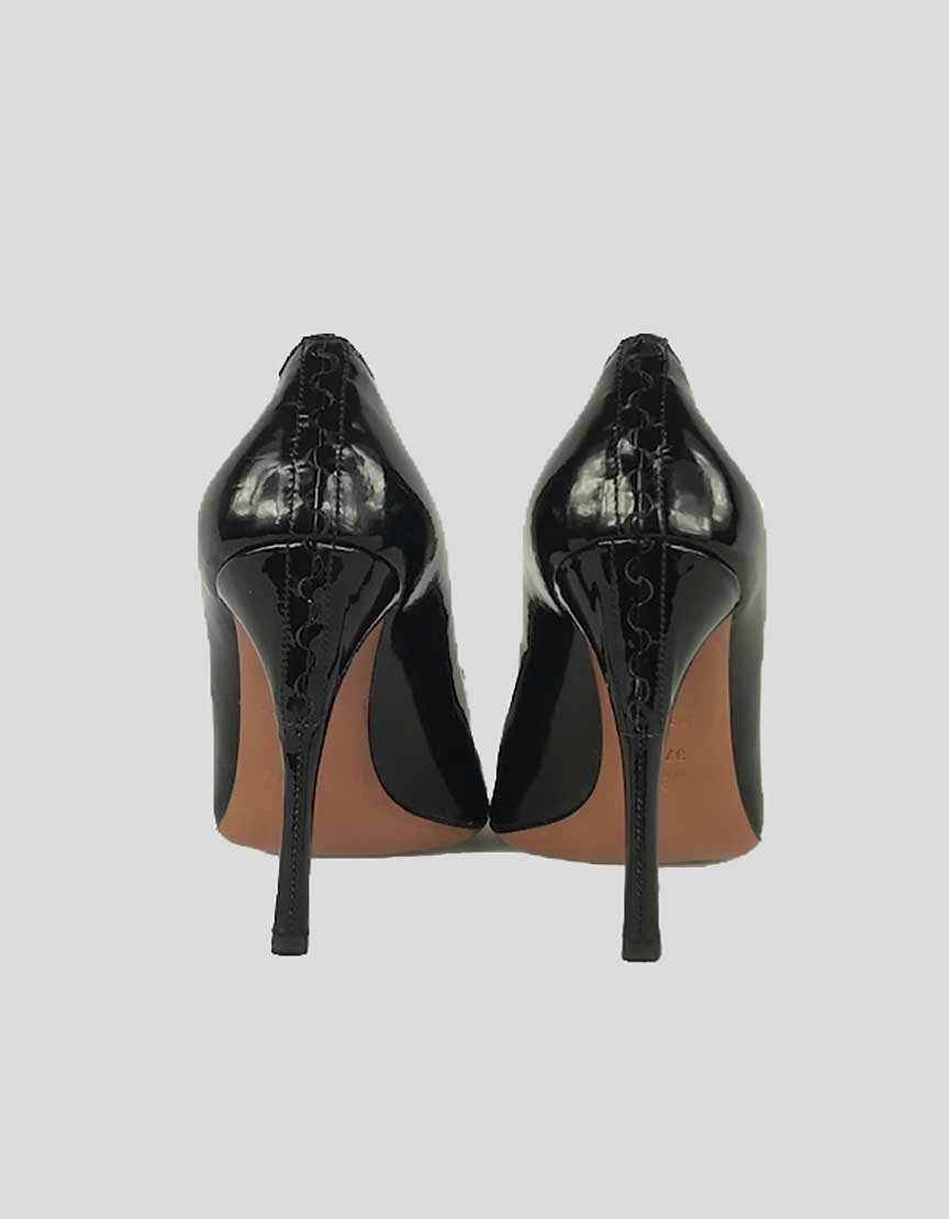 ALAIA Peep Toe Black Patent Leather Heels With Bow At Vamp - 37.5 IT | 7.5 IT