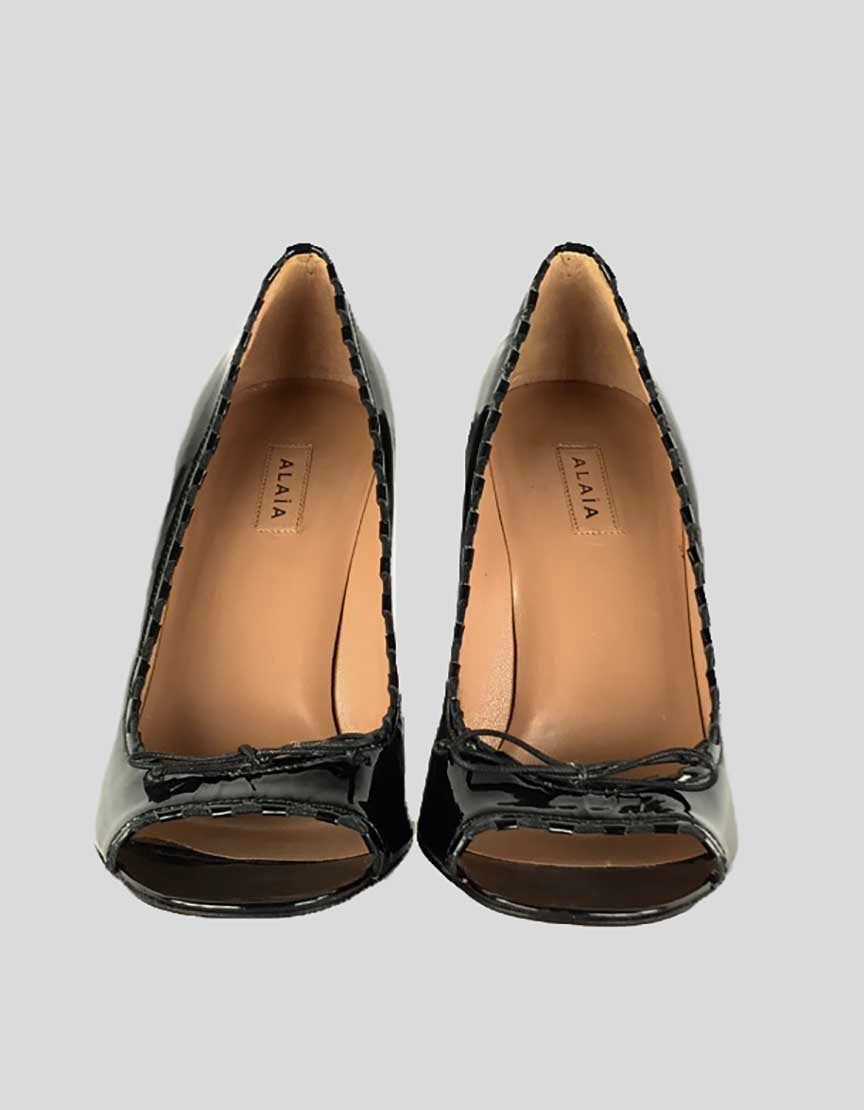 ALAIA Peep Toe Black Patent Leather Heels With Bow At Vamp - 37.5 IT | 7.5 IT