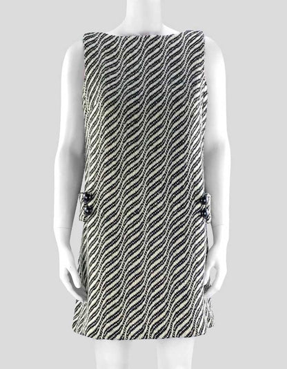 Milly Black And White Wool Shift Mini Dress With Bateau Neckline Button Detail At Waist Size 6 US
