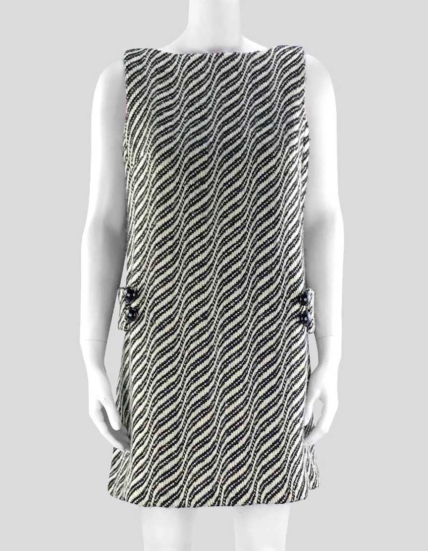Milly Black And White Wool Shift Mini Dress With Bateau Neckline Button Detail At Waist Size 6 US
