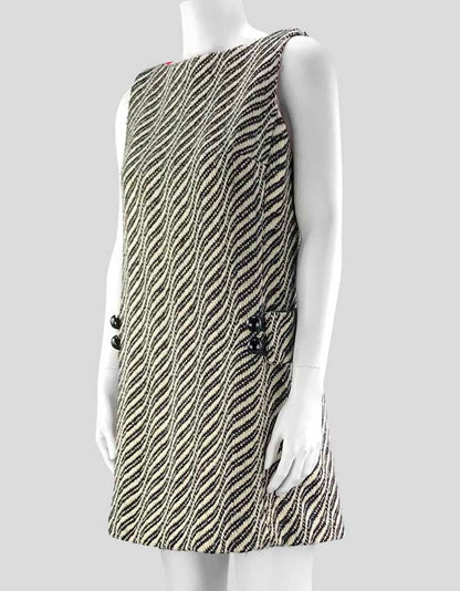 Milly Black And White Wool Shift Mini Dress With Bateau Neckline Button Detail At Waist Size 6 US