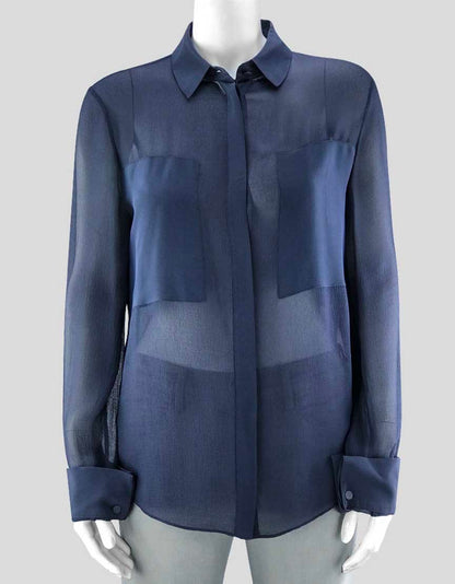 T By Alexander Wang Long Sleeve Sheer Blue Button Down Silk Blouse Collared Front Pockets Size Small