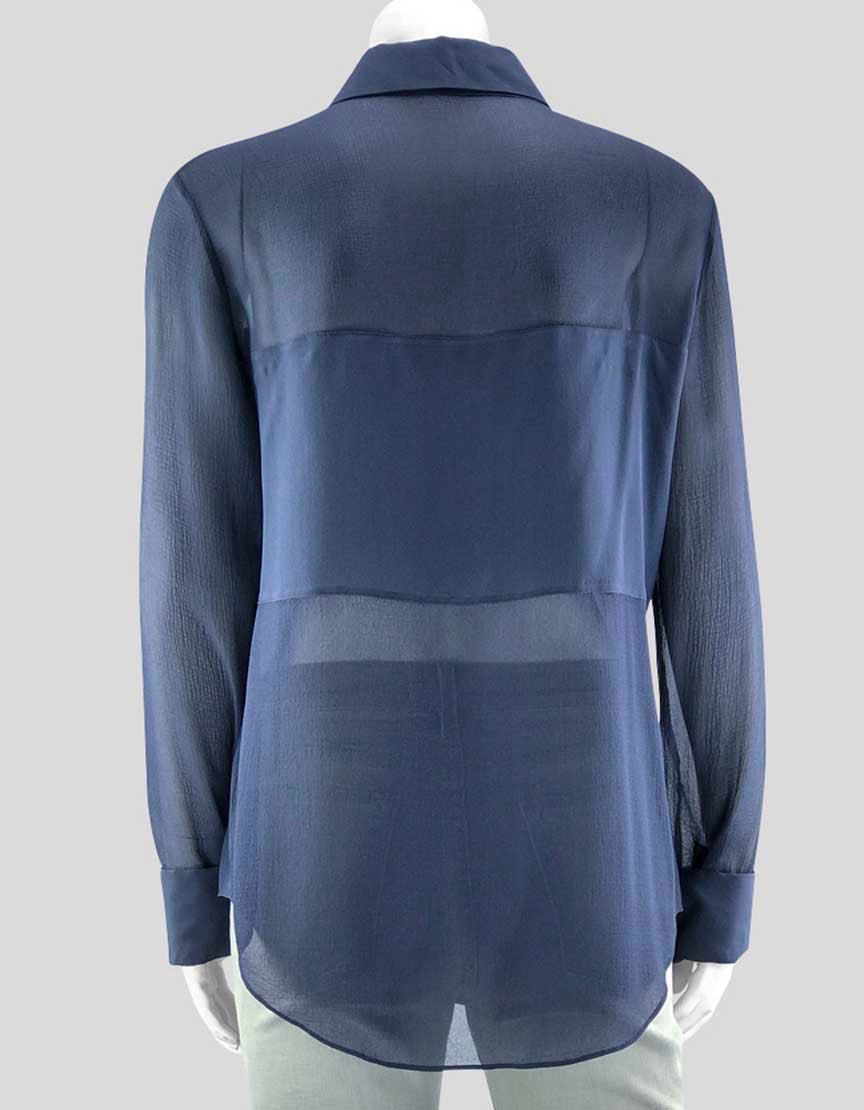 T By Alexander Wang Long Sleeve Sheer Blue Button Down Silk Blouse Collared Front Pockets Size Small