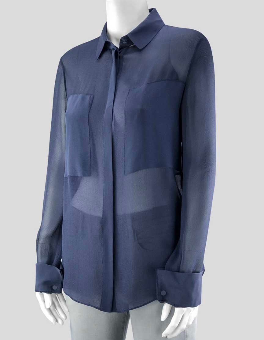 T By Alexander Wang Long Sleeve Sheer Blue Button Down Silk Blouse Collared Front Pockets Size Small