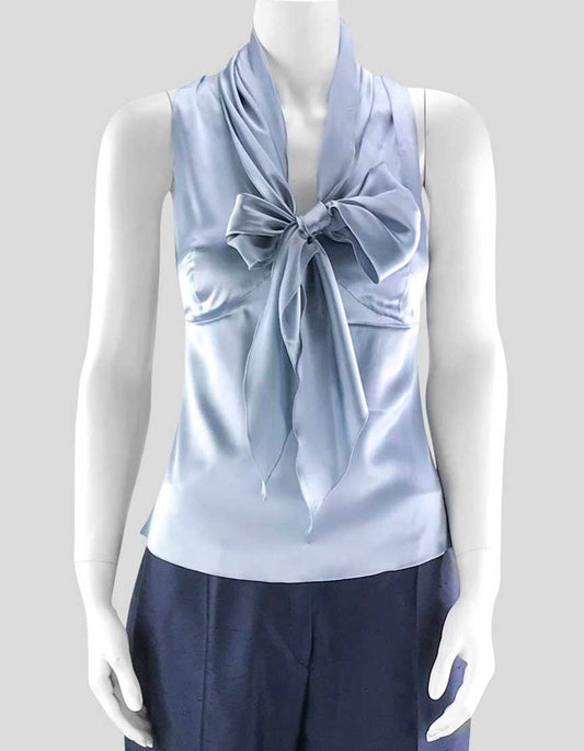 Armani Collezioni Sleeveless Silver Blue V-Neck Silk Blouse With Tie At Bust Lined Size 42 It