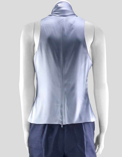 Armani Collezioni Sleeveless Silver Blue V-Neck Silk Blouse With Tie At Bust Lined Size 42 It