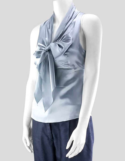 Armani Collezioni Sleeveless Silver Blue V-Neck Silk Blouse With Tie At Bust Lined Size 42 It