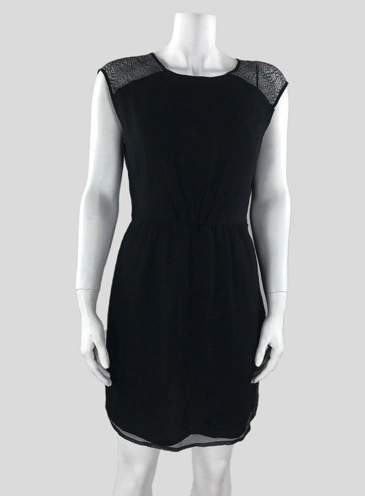 Twelfth Street By Cynthia Vincent Black Sleeveless Round Neck Dress That Gathers At Waist With Lace Embellishment At Shoulders And On Back Medium