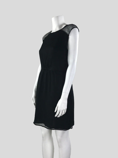 Twelfth Street By Cynthia Vincent Black Sleeveless Round Neck Dress That Gathers At Waist With Lace Embellishment At Shoulders And On Back Medium