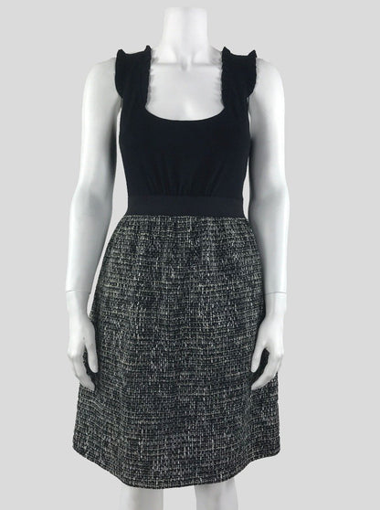 Rebecca Taylor Sleeveless Scoop Neck Dress With Ruffle Design At Chest Black Top With Black And White Tweed Skirt Size 4