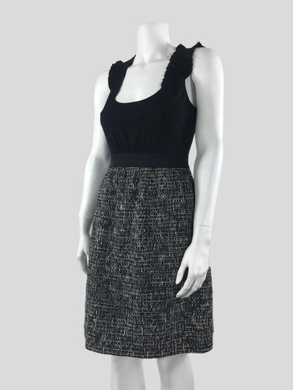 Rebecca Taylor Sleeveless Scoop Neck Dress With Ruffle Design At Chest Black Top With Black And White Tweed Skirt Size 4