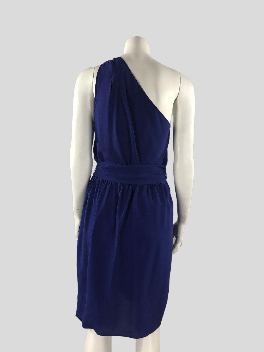 Rebecca Taylor Blue One Shoulder Belted Dress With Front Gathering And Side Pockets Fabric Belt Included Size 6