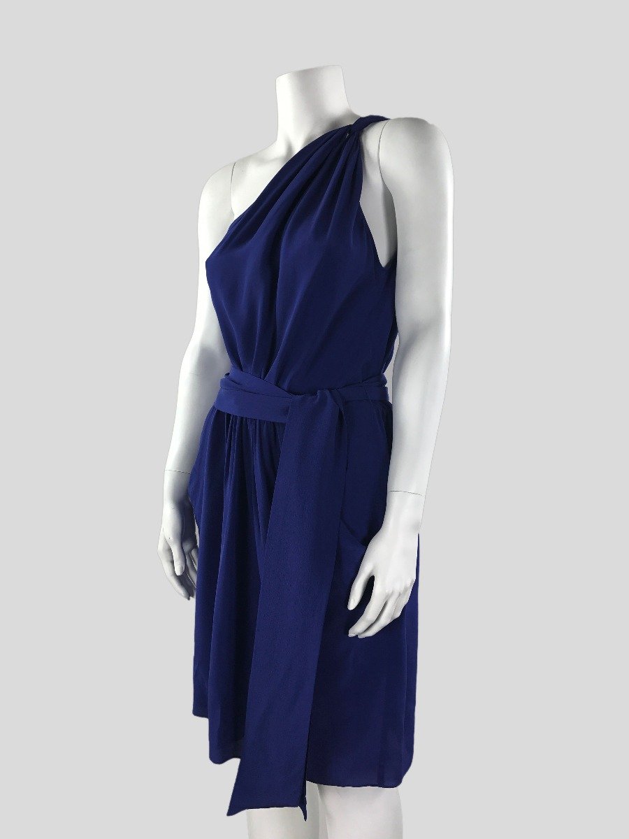 Rebecca Taylor Blue One Shoulder Belted Dress With Front Gathering And Side Pockets Fabric Belt Included Size 6