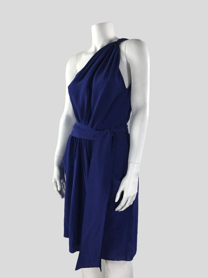 Rebecca Taylor Blue One Shoulder Belted Dress With Front Gathering And Side Pockets Fabric Belt Included Size 6