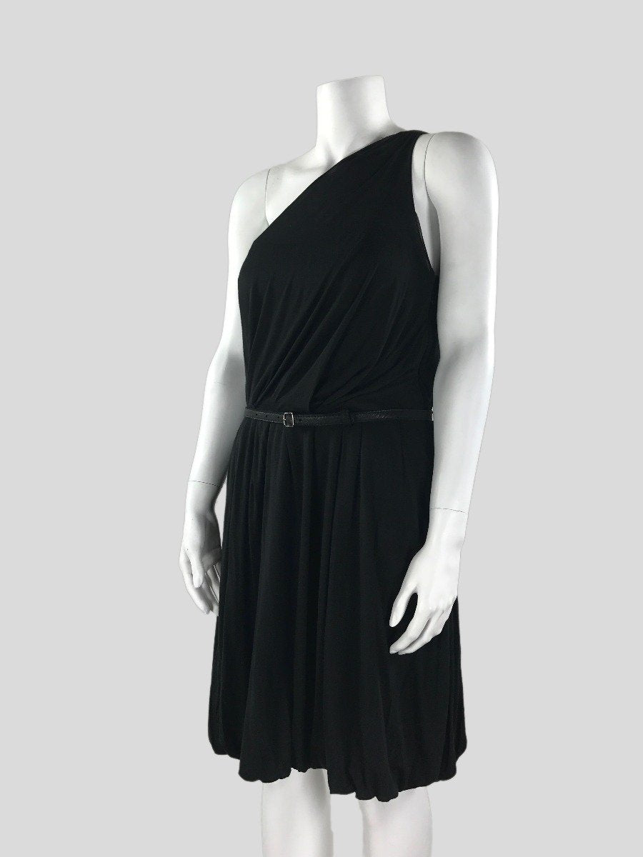 A.L.C. Black One Shoulder Belted Bubble Hem Dress Size Medium LuxAnthropy A.L.C. Black One Shoulder Belted Bubble Hem Dress Size Medium LuxAnthropy